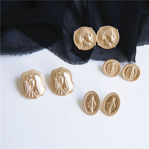 retro matte gold coin shape stud earrings for women virgin mary simple alloy round ear jewelry party girl gifts, Golden;silver
retro matte gold coin shape stud earrings for women virgin mary simple alloy round ear jewelry party girl gifts, Golden;silver