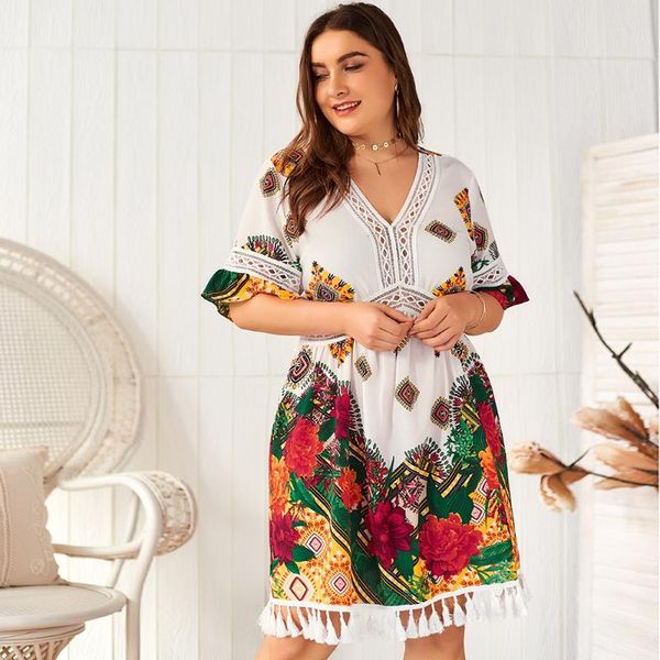 2020 summer plus size women's dress short-sleeved bohemian printed v-neck hollow beach dress ladies retro casual holiday, Black;gray
2020 summer plus size women's dress short-sleeved bohemian printed v-neck hollow beach dress ladies retro casual holiday, Black;gray