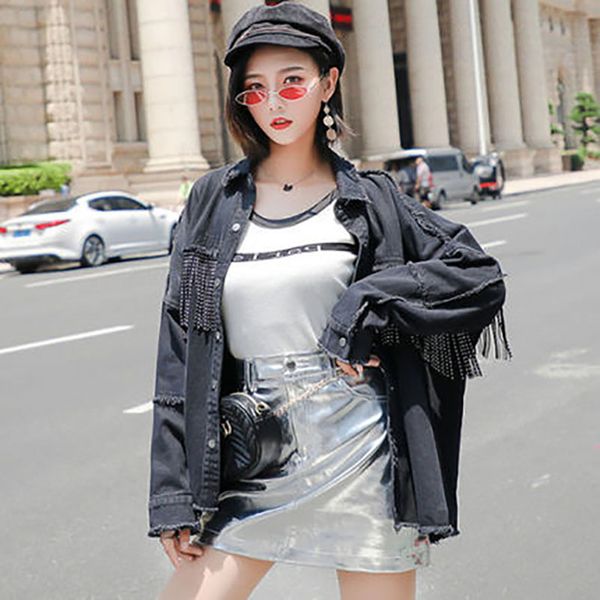 hip hop streetwear 2020 spring new women for korean loose tassel stitching burr denim jacket single-breasted casual jeans jacket, Black;brown
hip hop streetwear 2020 spring new women for korean loose tassel stitching burr denim jacket single-breasted casual jeans jacket, Black;brown