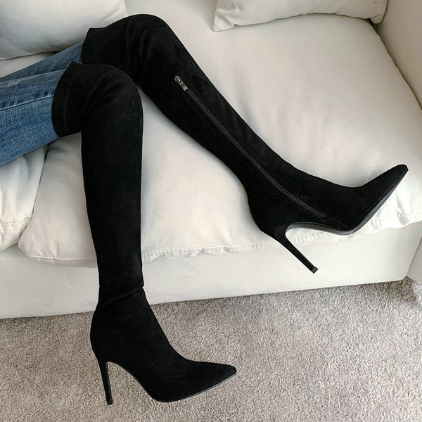 2020 new fashion stretch matte fabric ladies socks boots zipper pointed over the knee women's shoes super high heel size 34-43, Black
2020 new fashion stretch matte fabric ladies socks boots zipper pointed over the knee women's shoes super high heel size 34-43, Black