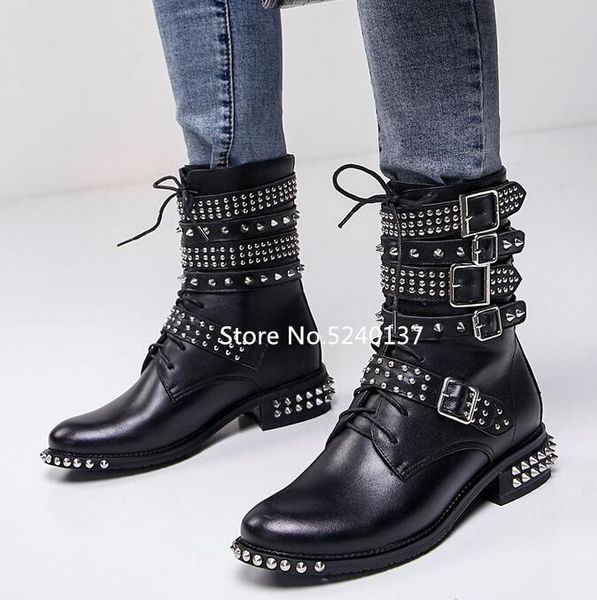 rivets studded black leather women mid-calf boots round toe lace-up buckle strap decoration motorcycle boots femme
rivets studded black leather women mid-calf boots round toe lace-up buckle strap decoration motorcycle boots femme