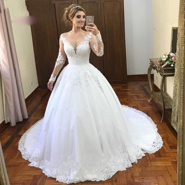 long sleeves scoop ball gowns lace appliques wedding dresses for marriage sweep train formal gown plus size vestido de noiva 2020, White
long sleeves scoop ball gowns lace appliques wedding dresses for marriage sweep train formal gown plus size vestido de noiva 2020, White