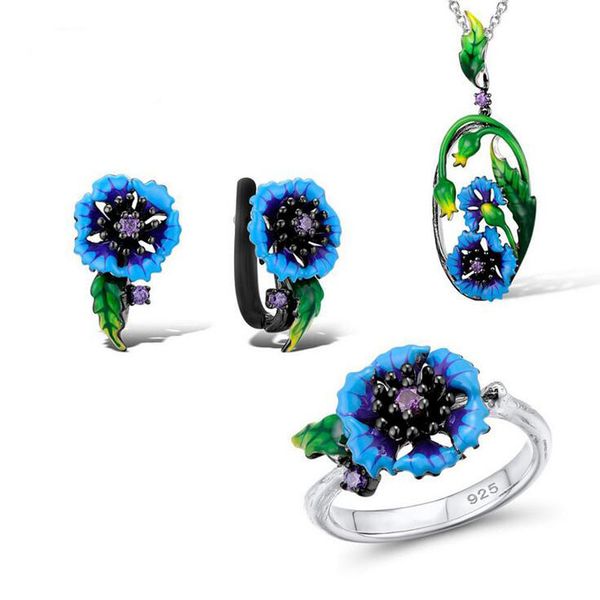 earrings & necklace trendy black color blue enamel zircon flower jewelry set for women creative engagement party earring ring gift, Silver
earrings & necklace trendy black color blue enamel zircon flower jewelry set for women creative engagement party earring ring gift, Silver