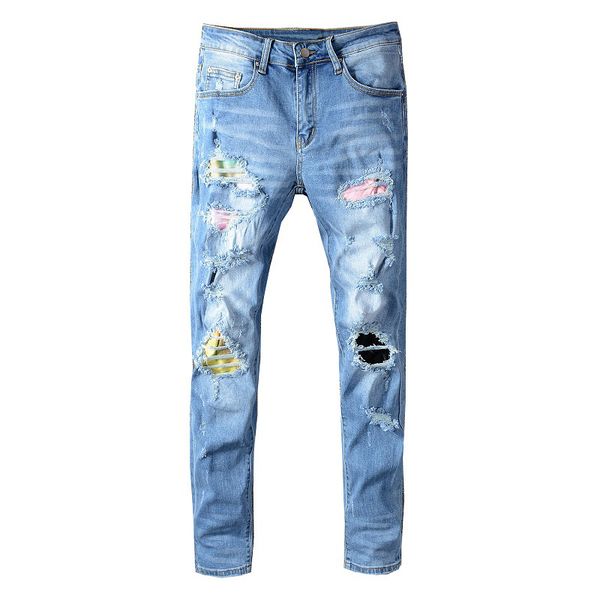 men's jeans fancy color patch design patchwork ripped streetwear slim skinny stretch denim pants, Blue
men's jeans fancy color patch design patchwork ripped streetwear slim skinny stretch denim pants, Blue
