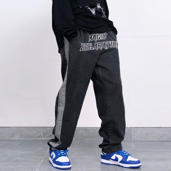 original letter embroidery jeans pants mens color block patchwork straight baggy denim trousers streetwear drawstring jean pants, Black
original letter embroidery jeans pants mens color block patchwork straight baggy denim trousers streetwear drawstring jean pants, Black