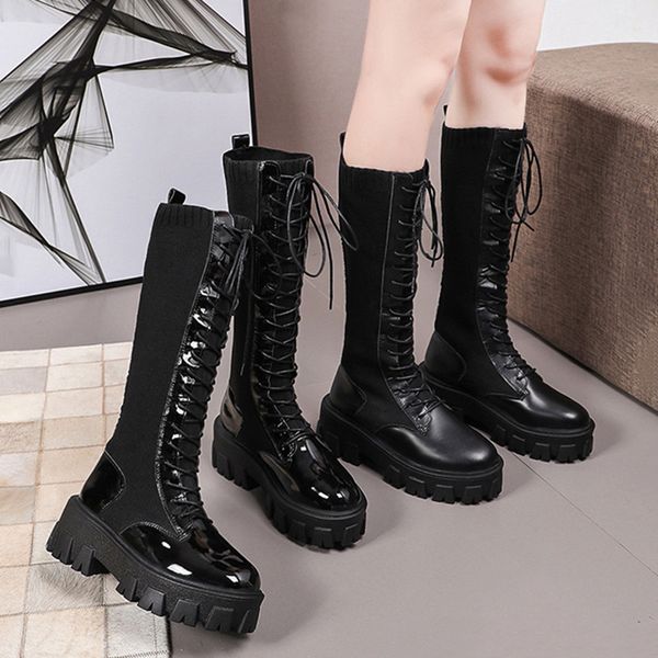 black boots lace up shoes winter footwear flat heel thigh high heels high boots-women round toe platform