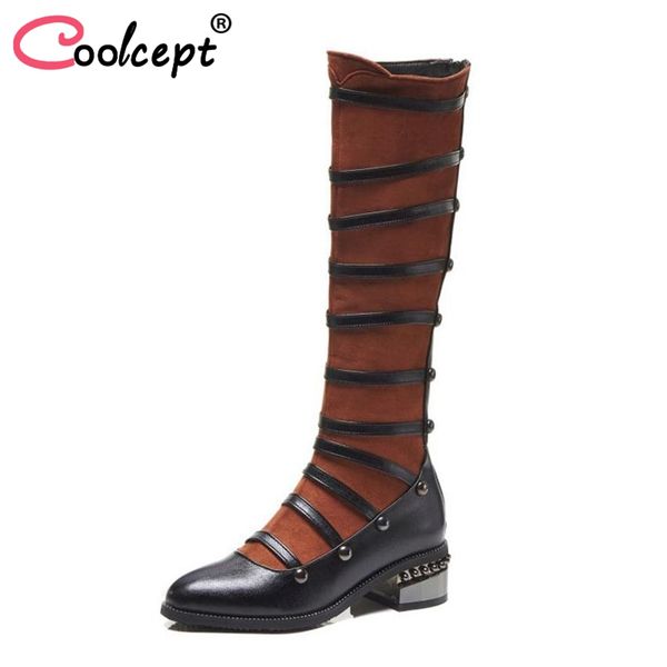 boots coolcept plus size 32-48 women knee high mixed color warm fur shoes woman winter fashion patchwork square heels, Black 
boots coolcept plus size 32-48 women knee high mixed color warm fur shoes woman winter fashion patchwork square heels, Black