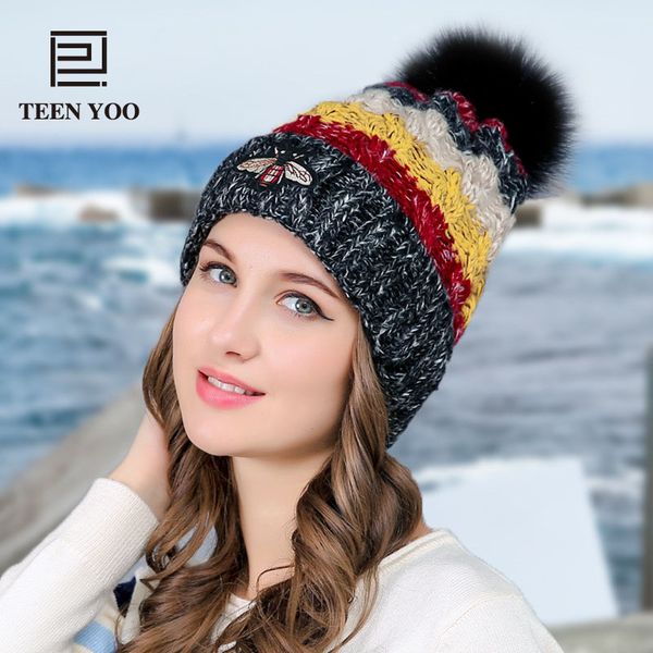 winter hat for women warm beanies cap real fur pompom striped hats bonnet girls casual hat new brand teenyoo, Blue;gray
winter hat for women warm beanies cap real fur pompom striped hats bonnet girls casual hat new brand teenyoo, Blue;gray