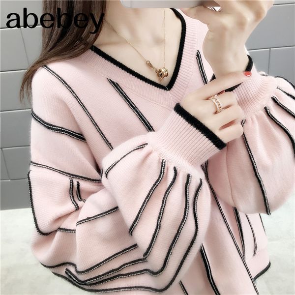 women's sweaters autumn winter 2021 knitted sweater women loose wild fashion v neck striped pullover patch pull femme lady 46650, White;black
women's sweaters autumn winter 2021 knitted sweater women loose wild fashion v neck striped pullover patch pull femme lady 46650, White;black
