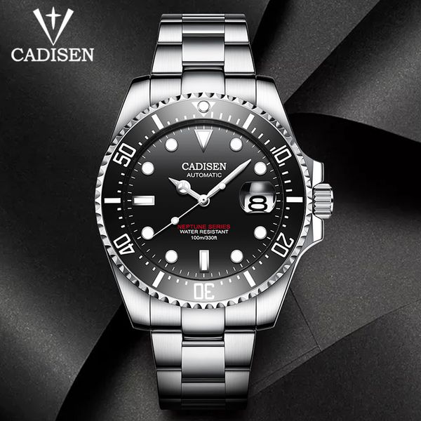 

cadisen nh35a mechanical movement watch men 100m waterproof brand automatic watch stainless steel sport relogio masculino, Slivery;brown