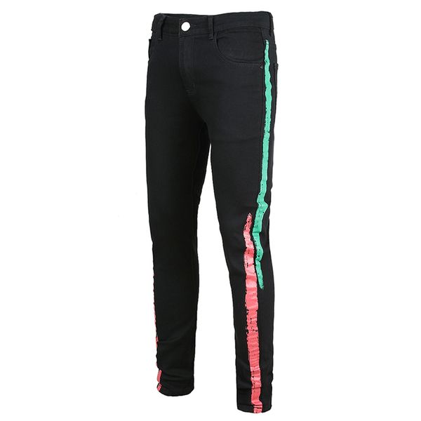 men's jeans male fashion casual colored stripe printed black stretch denim slim fit plus big size painted pants trousers, Blue
men's jeans male fashion casual colored stripe printed black stretch denim slim fit plus big size painted pants trousers, Blue