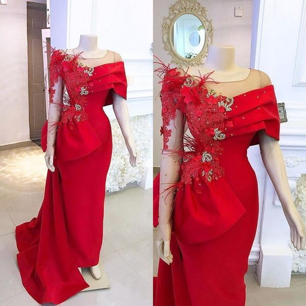 new red mermaid arabic prom dresses scoop neck lace appliques crystal beaded feather flowers long sleeves evening dress wear party gowns, Black
new red mermaid arabic prom dresses scoop neck lace appliques crystal beaded feather flowers long sleeves evening dress wear party gowns, Black