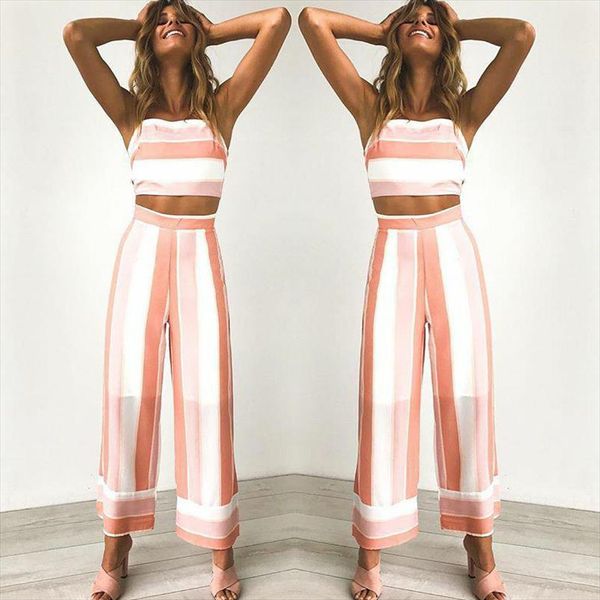 women striped camis strapless crop women loose pants 2 piece set for female women summer two pieces sets womens suits, Gray 
women striped camis strapless crop women loose pants 2 piece set for female women summer two pieces sets womens suits, Gray