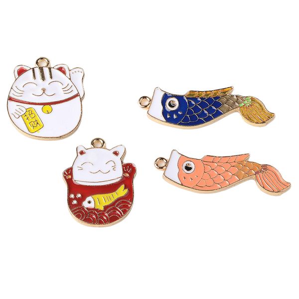 4 pieces japanese style cyprinoid fish flag and fortune cat enamel charms pendants jewelry findings making supplies diy crafts, Black 
4 pieces japanese style cyprinoid fish flag and fortune cat enamel charms pendants jewelry findings making supplies diy crafts, Black