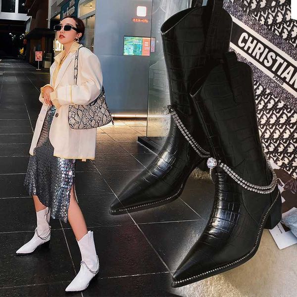 boots leather thick heel pointed women's european and american rhinestone chain western thin medium tube, Black
boots leather thick heel pointed women's european and american rhinestone chain western thin medium tube, Black