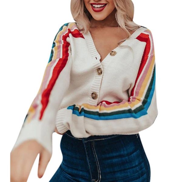women's knits & tees sweater women v-neck full sleeve open stitch casual clothes single breasted sweet female rainbow striped print ca, White
women's knits & tees sweater women v-neck full sleeve open stitch casual clothes single breasted sweet female rainbow striped print ca, White