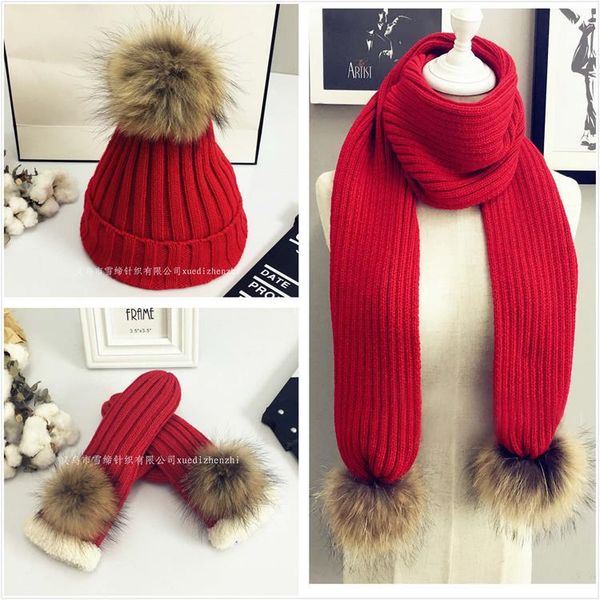 european and american knitted scarf hat gloves christmas three-piece suit raccoon fur ball christmas scarf hat gloves for women, Blue;gray
european and american knitted scarf hat gloves christmas three-piece suit raccoon fur ball christmas scarf hat gloves for women, Blue;gray