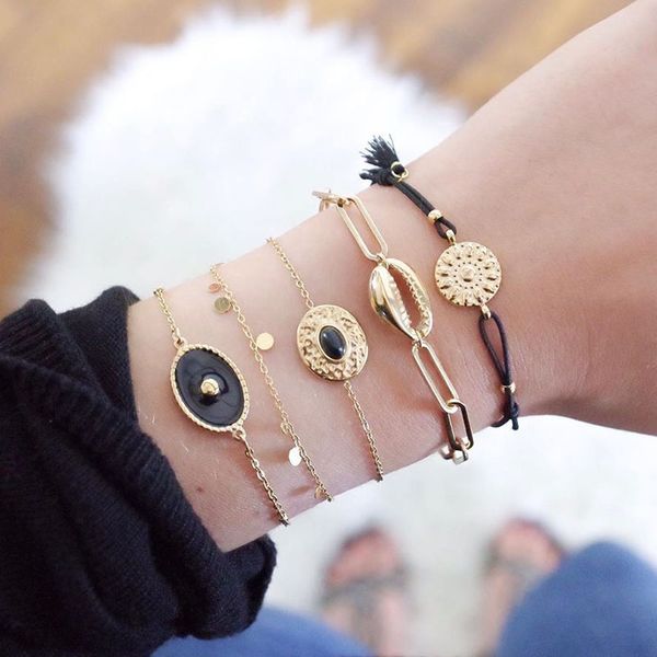 charm bracelets 5 pcs/set gold link chain set for women black enamel oval round coin bracelet sea shell women's, Golden;silver
charm bracelets 5 pcs/set gold link chain set for women black enamel oval round coin bracelet sea shell women's, Golden;silver
