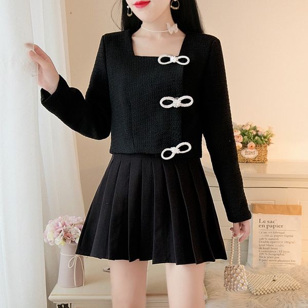 autumn two piece set small fragrance elegant diamond bowknot design square collar short coat + mini pleated skirt suit female, Gray
autumn two piece set small fragrance elegant diamond bowknot design square collar short coat + mini pleated skirt suit female, Gray