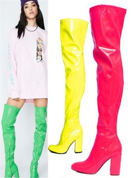 women shining round toe patent leather over knee chunky heel boots green yellow red zipper-up thick high heel boots, Black
women shining round toe patent leather over knee chunky heel boots green yellow red zipper-up thick high heel boots, Black