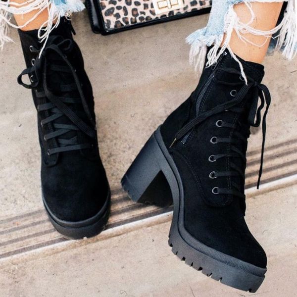 women's ankle booties lace-up platform shoes chunky heels boots ladies casual high-heel flock boots winter shoes, Black
women's ankle booties lace-up platform shoes chunky heels boots ladies casual high-heel flock boots winter shoes, Black