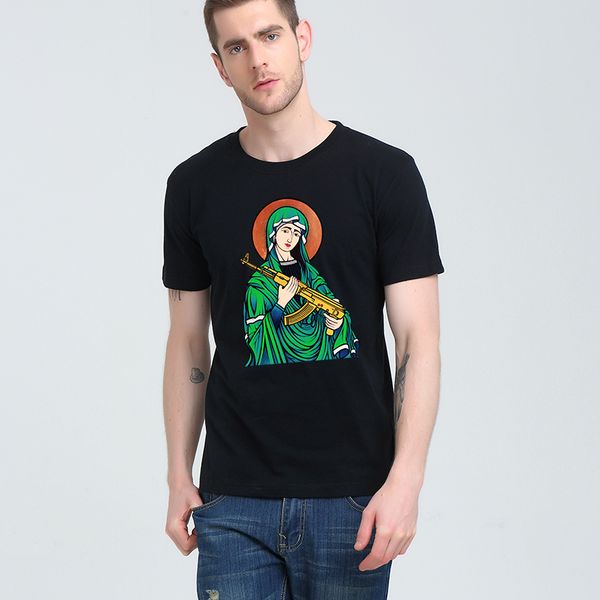 blessed virgin mary madonna kalashnikov gun t-shirt pure cotton men t shirt