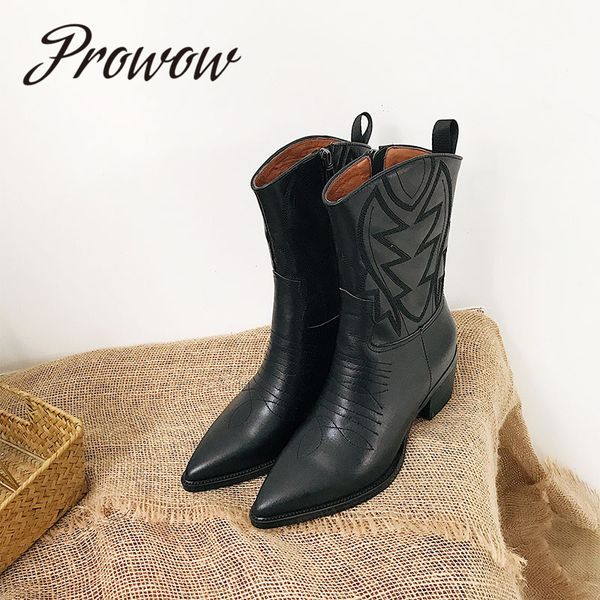 prowow new genuine leather pointed toe embrodery mid claf boots zip side thick heel cowboy boots shoes women, Black
prowow new genuine leather pointed toe embrodery mid claf boots zip side thick heel cowboy boots shoes women, Black