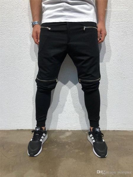 pants casual slim mens pencil pants males clothing panelled mens designer pants fashion pleated zipper drawstring mens, Black