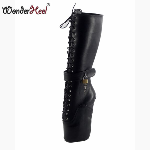 wonderheel new ballet knee high boots 18cm wedges heel matte leather fashion lace up fetish lockable padlocks women boots, Black
wonderheel new ballet knee high boots 18cm wedges heel matte leather fashion lace up fetish lockable padlocks women boots, Black