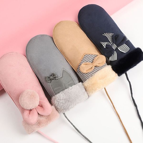 women winter warm thermal insulated gloves ears suede ski mittens, Blue;gray