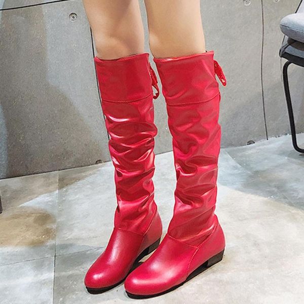 fashion women boots spring boots botas female stretch pu leather shoes woman black red white roma knee-length