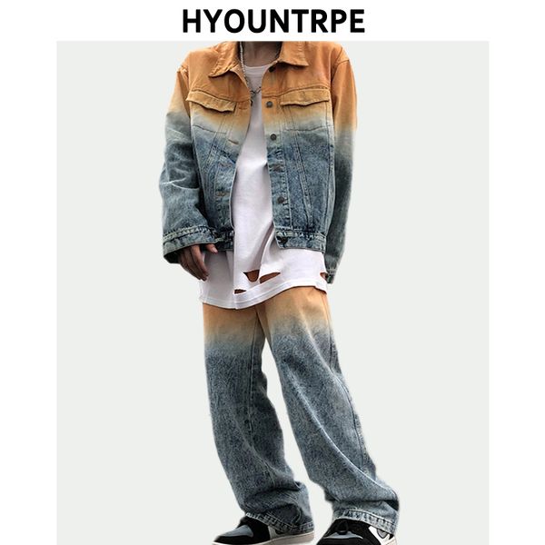 2 pieces sets men fashion gradient single breasted denim jeans jackets coats and zipper straight pants joggers streetwear sets, Blue
2 pieces sets men fashion gradient single breasted denim jeans jackets coats and zipper straight pants joggers streetwear sets, Blue