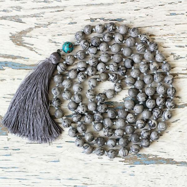 108 prayer beads buddhist jewelry 8mm grey marble beads yoga gift mens long grey tassel stone knotted necklace for man, Silver
108 prayer beads buddhist jewelry 8mm grey marble beads yoga gift mens long grey tassel stone knotted necklace for man, Silver