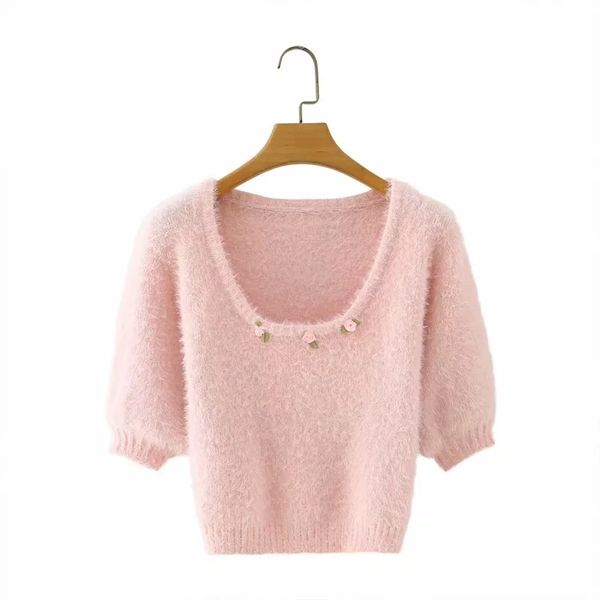 2020 women knits tees clothing fall green women sweater slimming french square-necked pink flowers decorated bubble short-sleeved, White
2020 women knits tees clothing fall green women sweater slimming french square-necked pink flowers decorated bubble short-sleeved, White