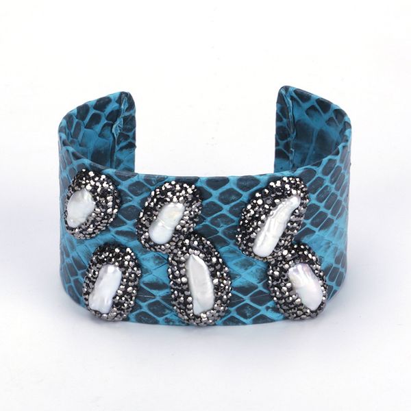 bangle natural big long freshwater pearl beads charm pave rhinestone blue real snake leather wide open for women, Black
bangle natural big long freshwater pearl beads charm pave rhinestone blue real snake leather wide open for women, Black