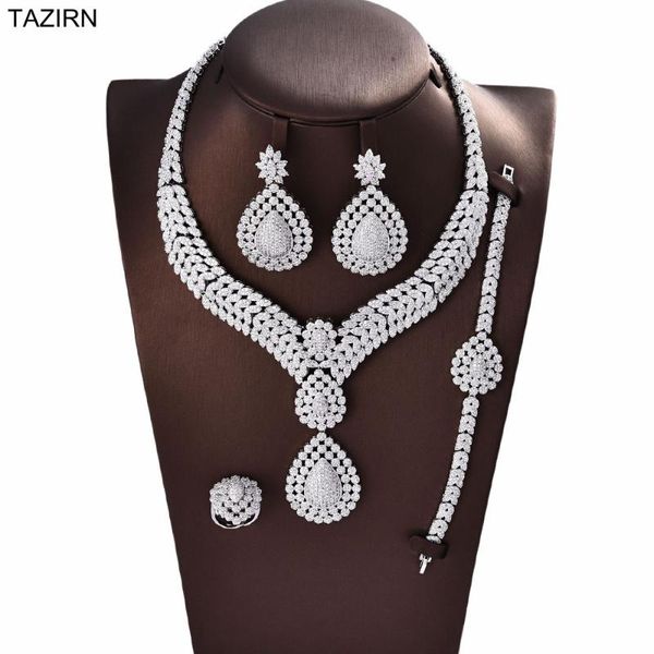 luxury 5a drop-shaped zircon dubai wedding bridal jewelry sets cubic zirconia necklace bracelet earrings and ring set for party, Silver
luxury 5a drop-shaped zircon dubai wedding bridal jewelry sets cubic zirconia necklace bracelet earrings and ring set for party, Silver