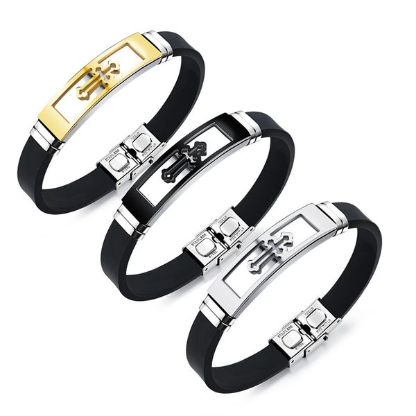 black/silvery/gold tone cross for men black rubber bracelets bangles male prayer armhand jewelry 8, Golden;silver
black/silvery/gold tone cross for men black rubber bracelets bangles male prayer armhand jewelry 8, Golden;silver