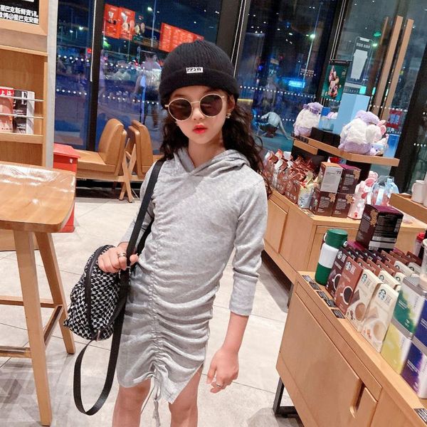 Korean Solid Color Mini Dress Baby Girl Long Sleeve Black Gray Drawstring Lace Up Vestidos Irregular Hooded Stacked 3 To 14 Yrs