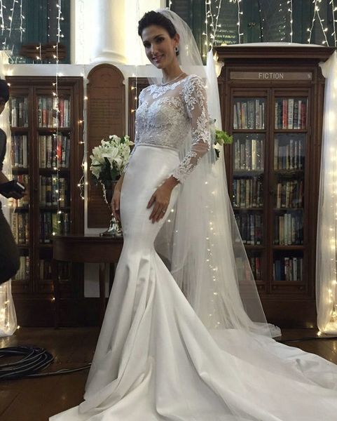 new chic long sleeves mermaid wedding dress scoop lace applique backless sweep train fashion bridal gown plus size custom made, White
new chic long sleeves mermaid wedding dress scoop lace applique backless sweep train fashion bridal gown plus size custom made, White