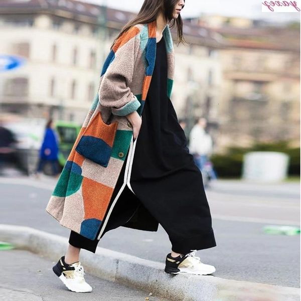 2020 lapel printing long sleeve loose coat, Tan;black