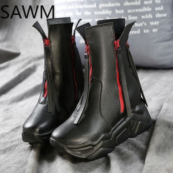 2020 design ankle boots women zipper tassel thick bottom wedge heels sneakers woman leather boots winter warm fur, Black