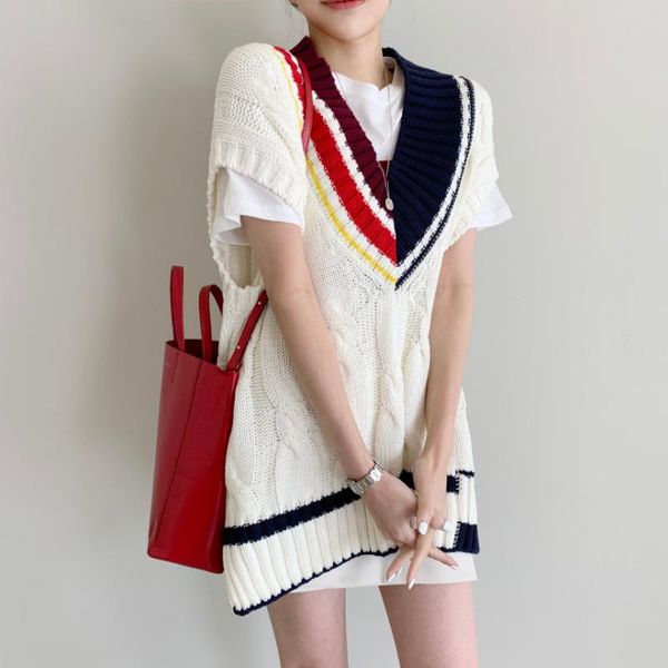 women's chic v-neck geometric panelled twist patchwork vest loose split knit vest simple sleeveless sweater women pl367, White;black
women's chic v-neck geometric panelled twist patchwork vest loose split knit vest simple sleeveless sweater women pl367, White;black
