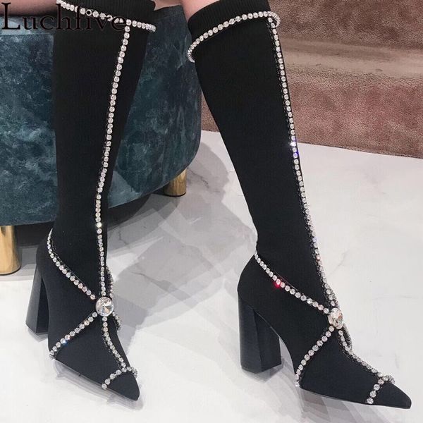 stretch fabric crystal boots women chunky heels knee high boots pointy toe shoes woman diamond black leather femme
stretch fabric crystal boots women chunky heels knee high boots pointy toe shoes woman diamond black leather femme