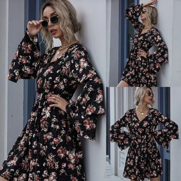 women floarl lotus sleeve dress v neck waist down high waist casual dresses ladies lace up clothes, Black;gray
women floarl lotus sleeve dress v neck waist down high waist casual dresses ladies lace up clothes, Black;gray