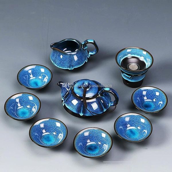 vintage jianzhan tenmoku tea set 10 pieces ceramic blue reactive glaze kongfu teaware with 1 teapot 6 teacups 1 fair mug 1 strainer
vintage jianzhan tenmoku tea set 10 pieces ceramic blue reactive glaze kongfu teaware with 1 teapot 6 teacups 1 fair mug 1 strainer