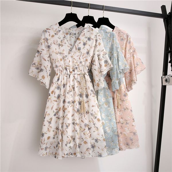 

Spring Summer Chiffon Dress Women Knee Length V-Neck Print Dresses Sweet Ruffle Sleeeve Slim New Casual Drawstring Women Dress