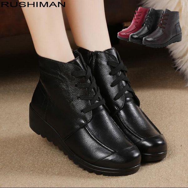 autumn women shoes woman genuine leather flat ankle boots female lace-up winter warm wool snow boots women, Black