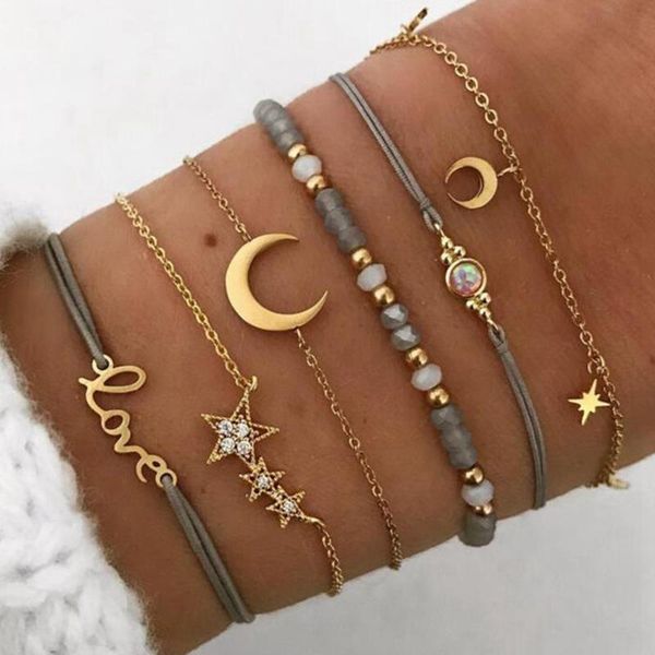 6 pcs/set trend moon stars love gems star crescent wafer chain bracelet set women stone beads jewelry party accessories gifts, Golden;silver
6 pcs/set trend moon stars love gems star crescent wafer chain bracelet set women stone beads jewelry party accessories gifts, Golden;silver
