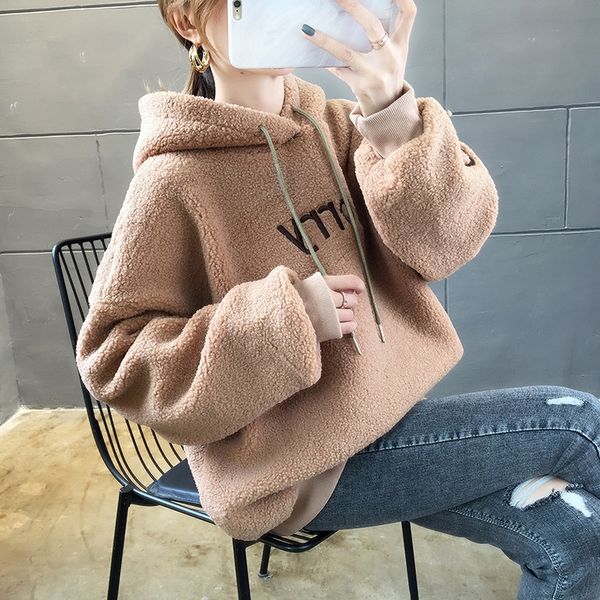 2020 fall/winter loose slimming large size hooded lamb fur sweater women's bf letter embroidered sweaterembroidered sweaterfleece thick, Black
2020 fall/winter loose slimming large size hooded lamb fur sweater women's bf letter embroidered sweaterembroidered sweaterfleece thick, Black