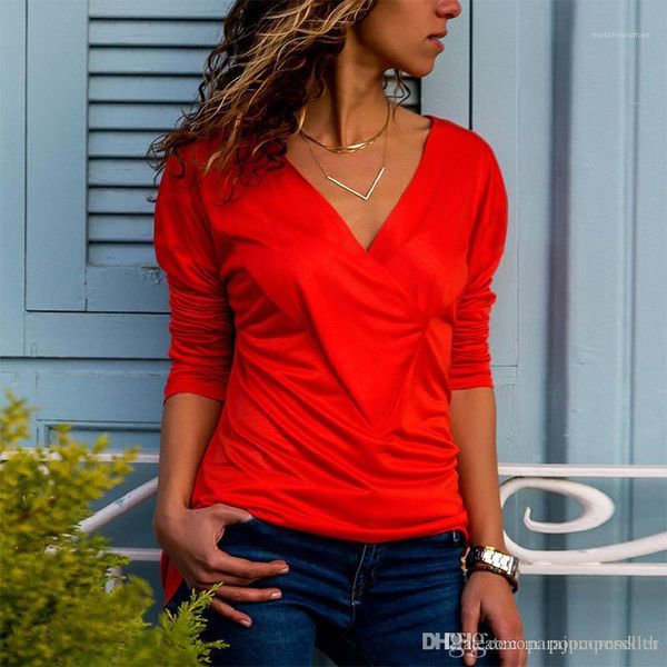 and american solid color v neck long sleeved drape slim tees loose female clothing fashion designer women t shirts european, White
and american solid color v neck long sleeved drape slim tees loose female clothing fashion designer women t shirts european, White